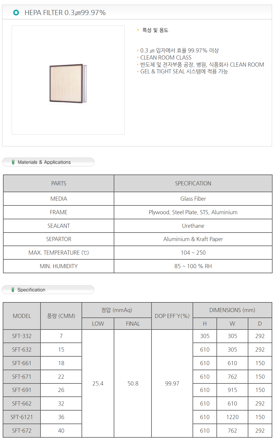 HEPA FILTER 0.3㎛99.97%